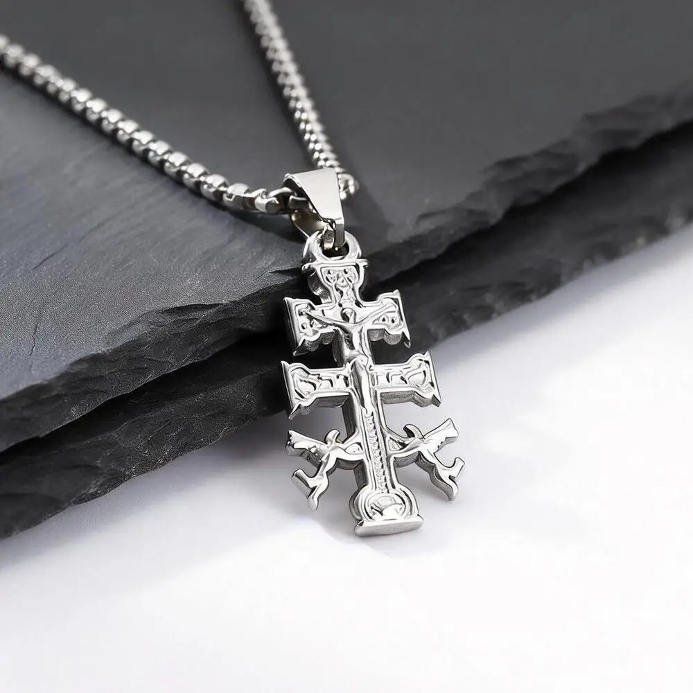 Collier croix orthodoxe russe pour hommes, collier pendentif croix en acier inoxydable couleur argent, bijoux de prière et de foi