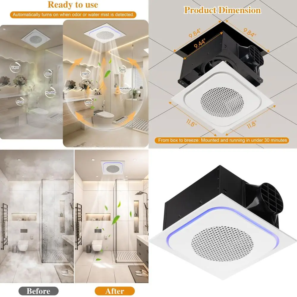 

Ultra Quiet 12 Bathroom Exhaust Fan with Light, 1.0 Sone, 220CM, 10x10 Mount (Inductive)