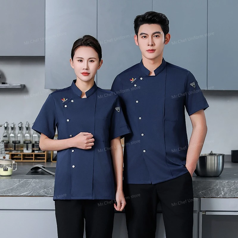 Manteau de Chef respirant de cuisine pour hommes, uniforme de Chef noir, tablier de Restaurant, Short de Chef à manches courtes, veste, vêtements de travail, Logo, été