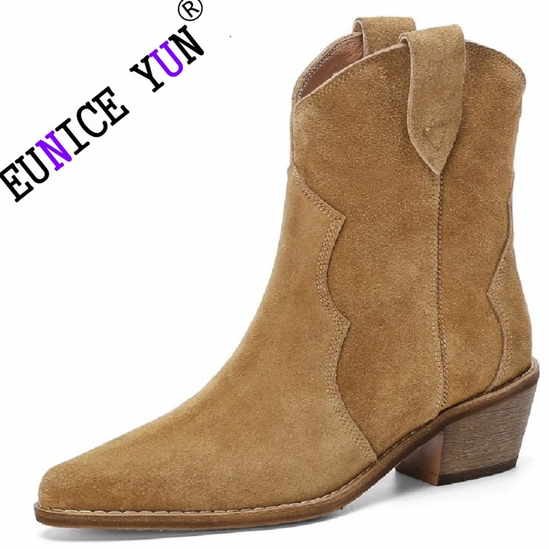 【EUNICE YUN】2025 Classic Western for Woman Cow Suede Pointed toe Wedges Heel Ankle Boots Simple Comfortable Cowboy Female 33-43