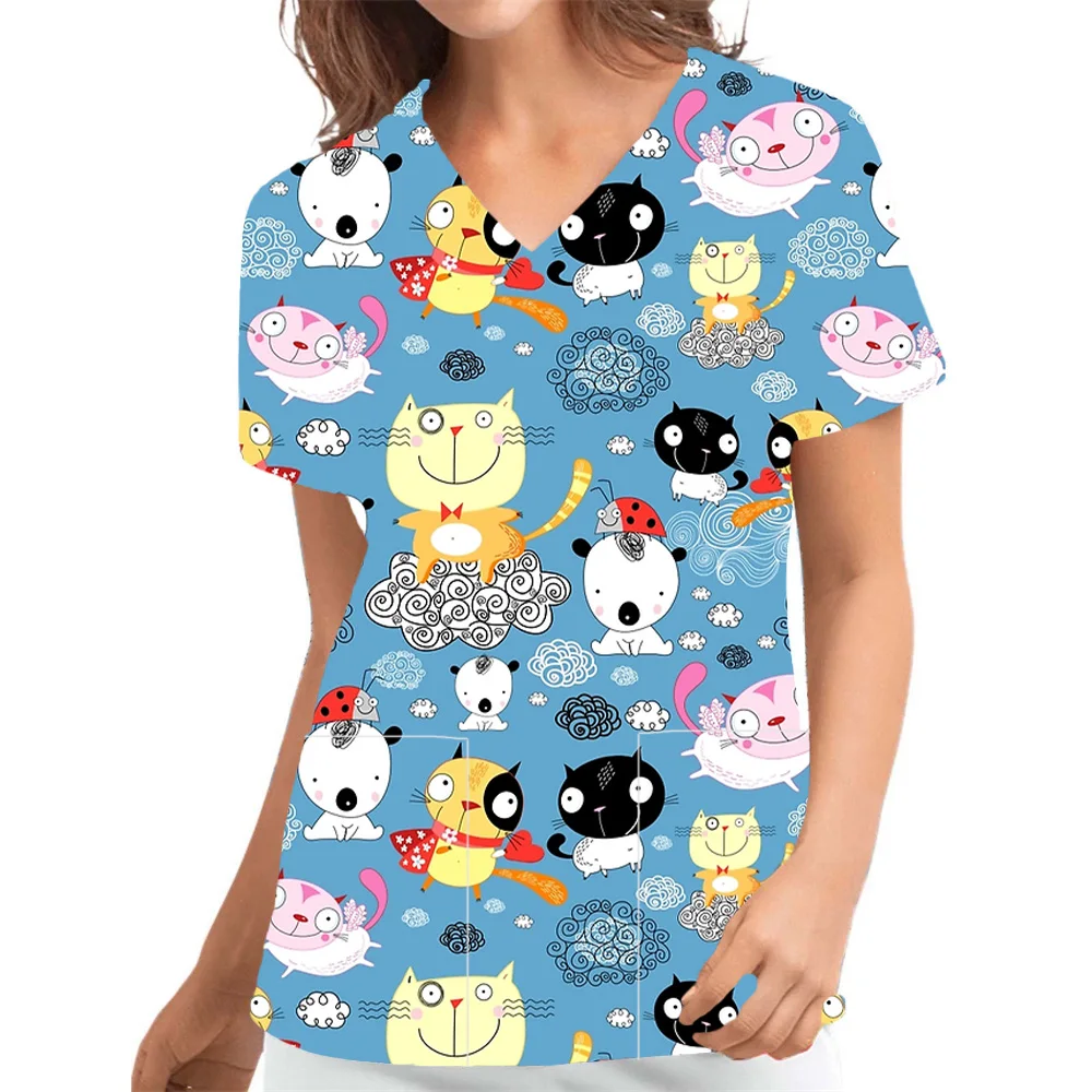 Surgical Uniforms Scrub Women Cats Prints V-Neck Pockets T Vet Uniform in Hospital Scrubs Nursing Uniform for Unisex