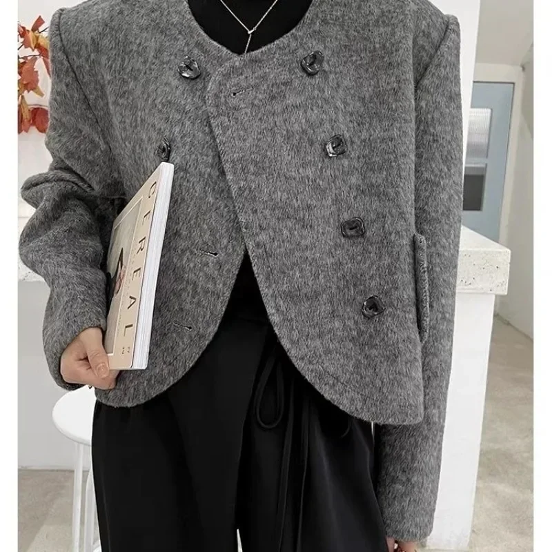 여성용 그레이 숏 양면 캐시미어 코트, 고급 한국 용수철, 작은 향기 바람 울 코트, 가을 패션, 신상