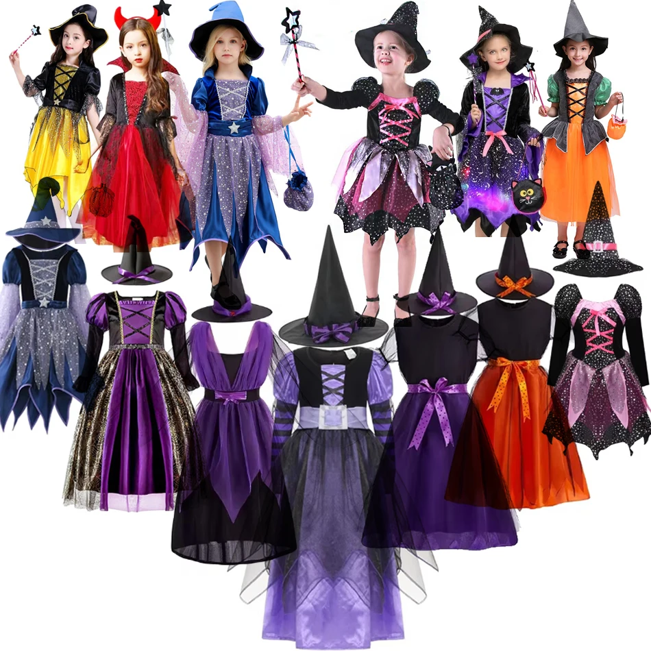 Halloween Party Costumes Witch Dress for Girls Kids Carnival Witch Costume Cosplay Dress Hat Suit Children