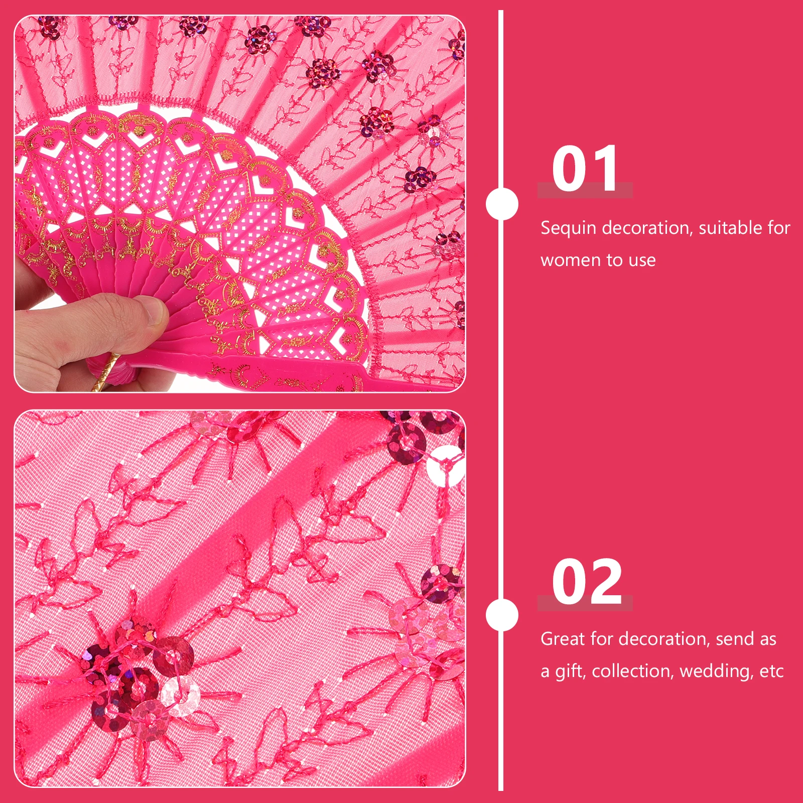 

Sequin Folding Plastic Hand Fan Pink Lace Decoration Handle Ring Approx 24cm Length 42cm Diameter Women Folding Fan