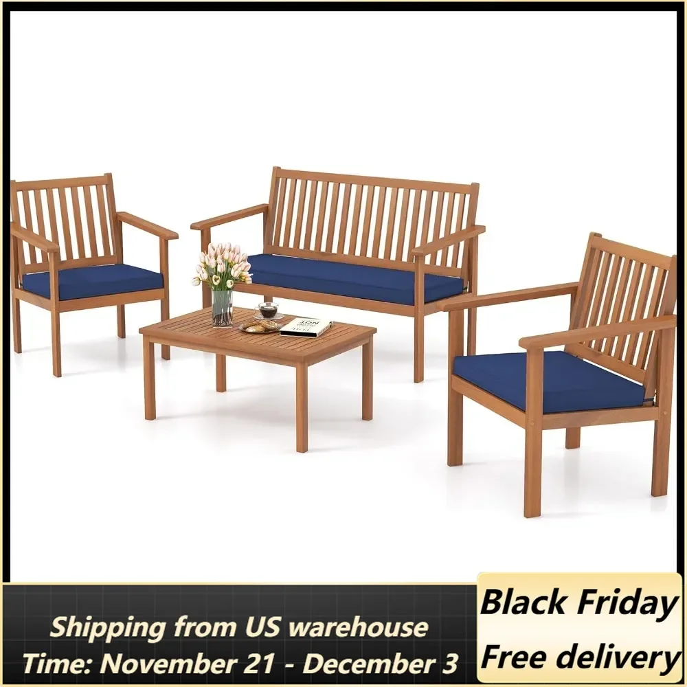 4 Piece Patio Wood Furniture Set, Acacia Wood Sofa Set w/Loveseat, 2 Chairs & Coffee Table, Soft Seat Cushions, Outdoor Wood