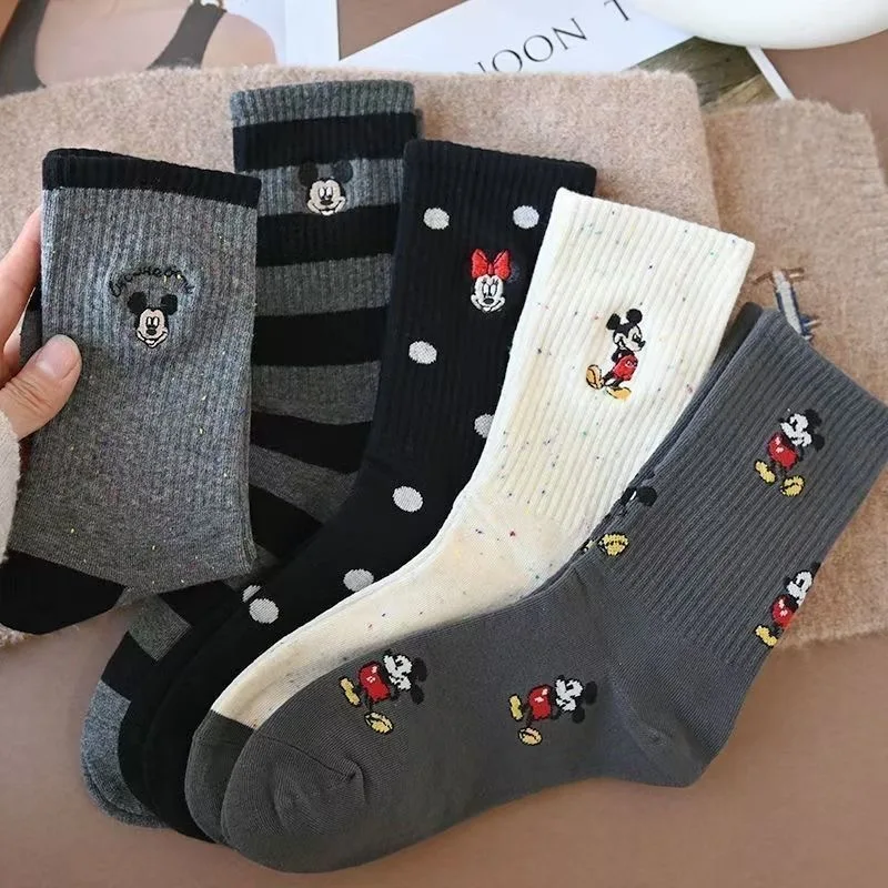 

5 Pairs Disney Mickey Mouse Stocking Cartoon Minnie Mouse Middle Tube Socks Streetwear Soft Cotton Casual Fashion Socks Gifts