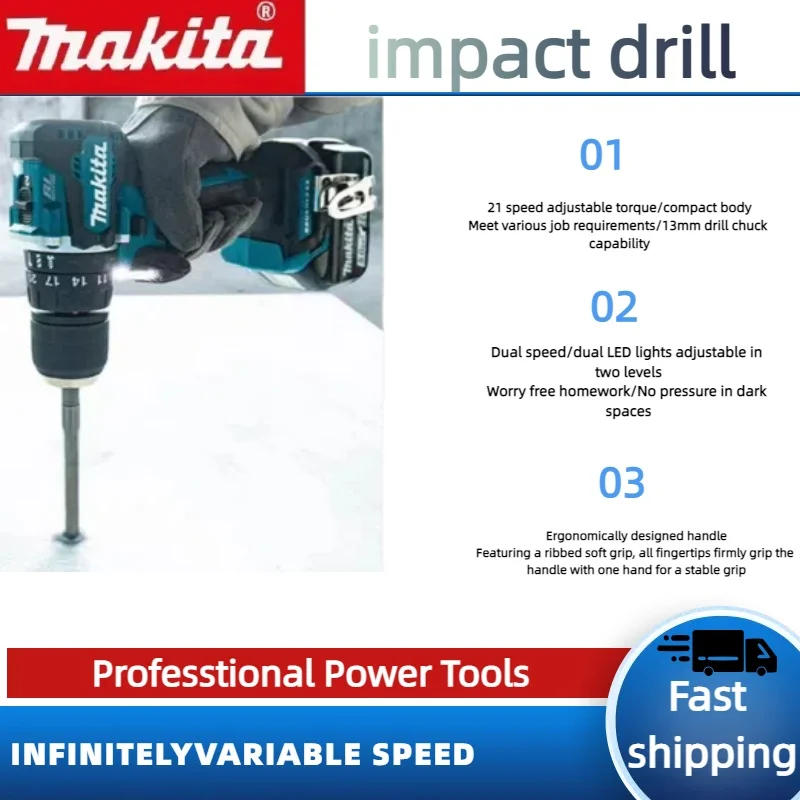 마키타 18V 배터리용 DDF487 10mm 브러시리스 리튬 전동 충전식 임팩트 드릴 대형 토크 드라이버