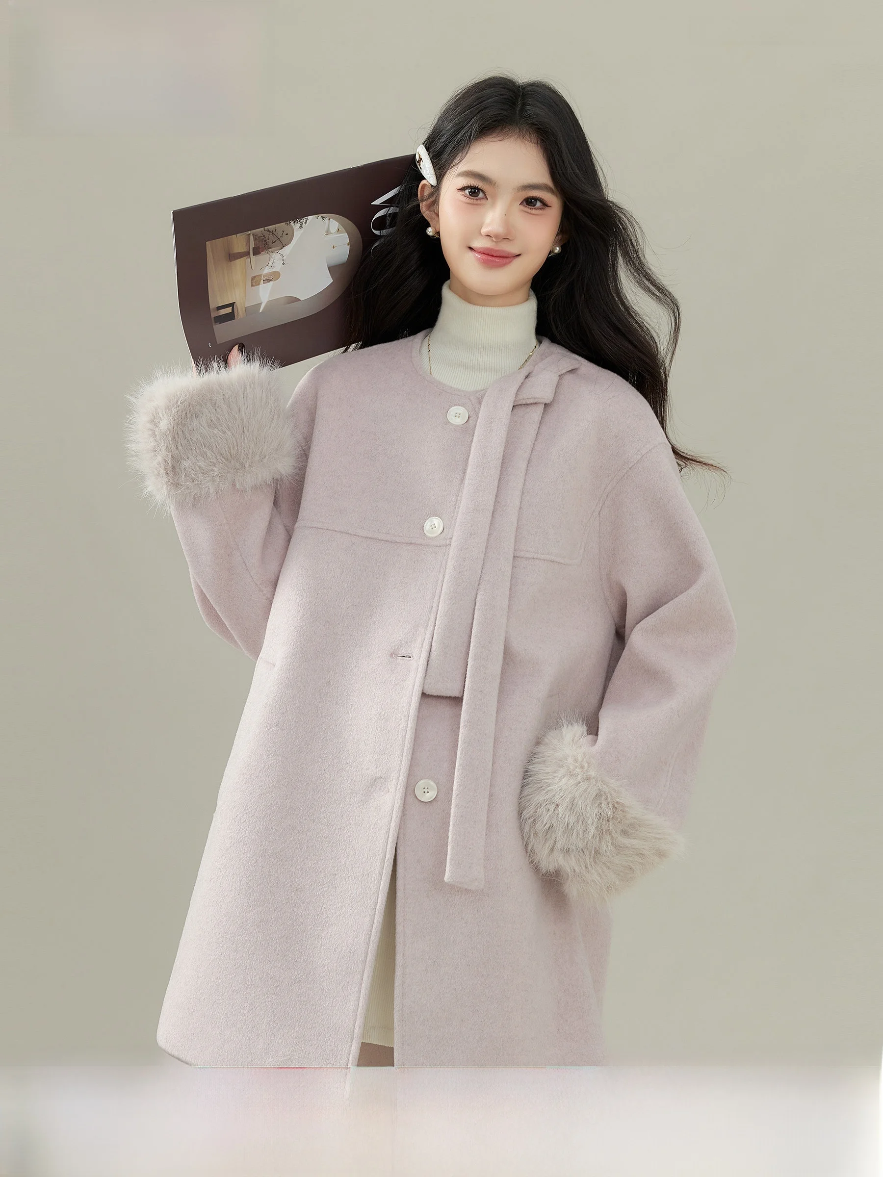 

Пальто шерстяное женское средней длины, фиолетовое, утепленное, из смесовой ткани (полиэстер и шерсть), молодежный размер