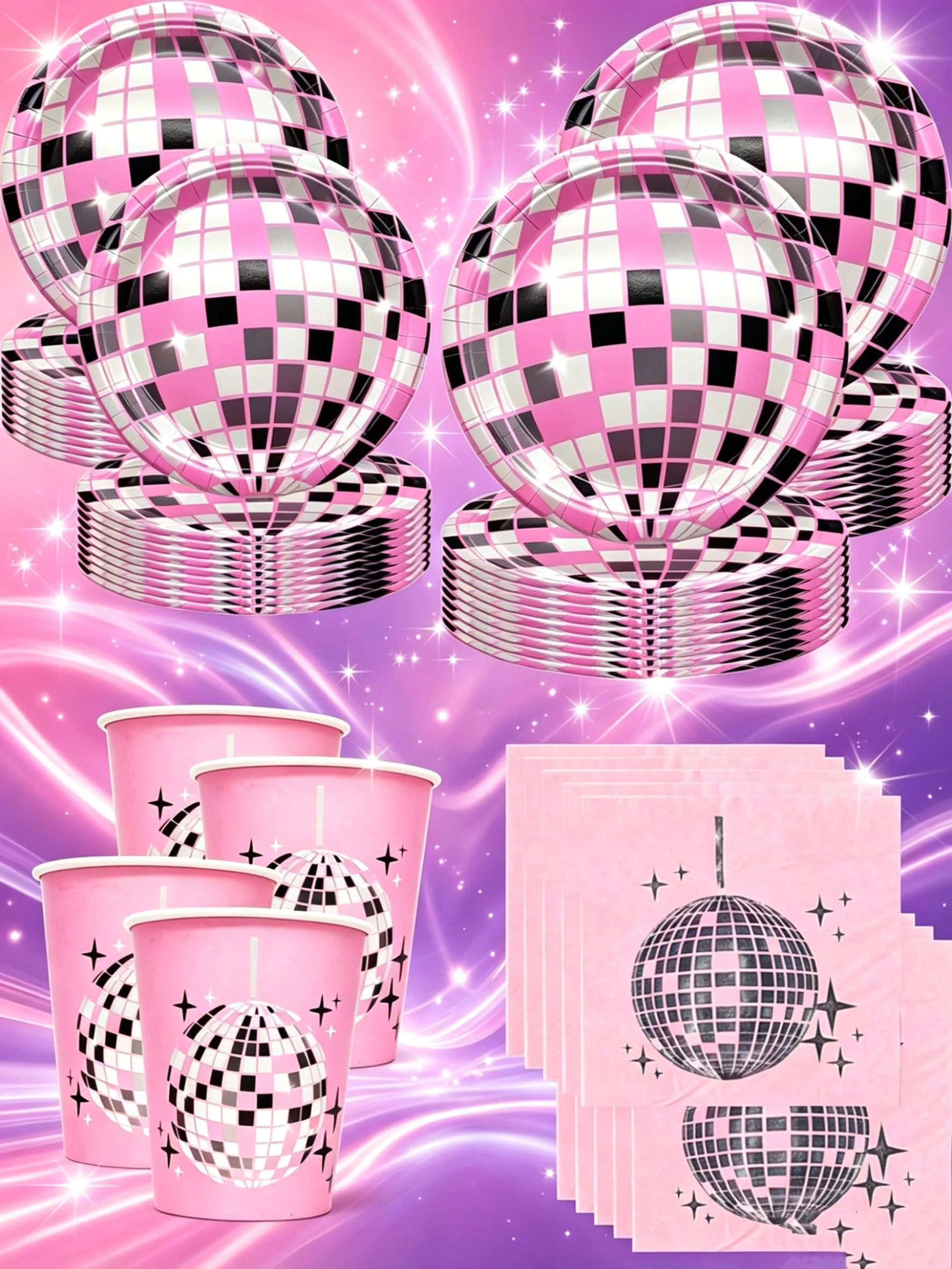 Ornament Ball Set - Roze discobal papieren serviesset, borden, bekers,