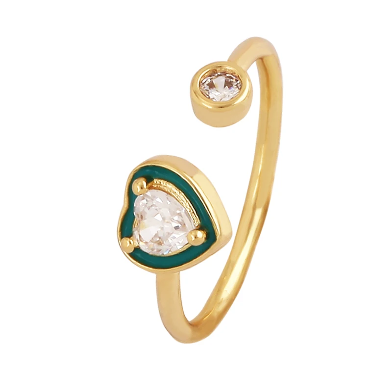 Love Heart Shape 18K Gold Plated Finger Ring,Colourful Enamel Coated Zircon Open Adjustable Rings Jewelry Findings Supplies P34