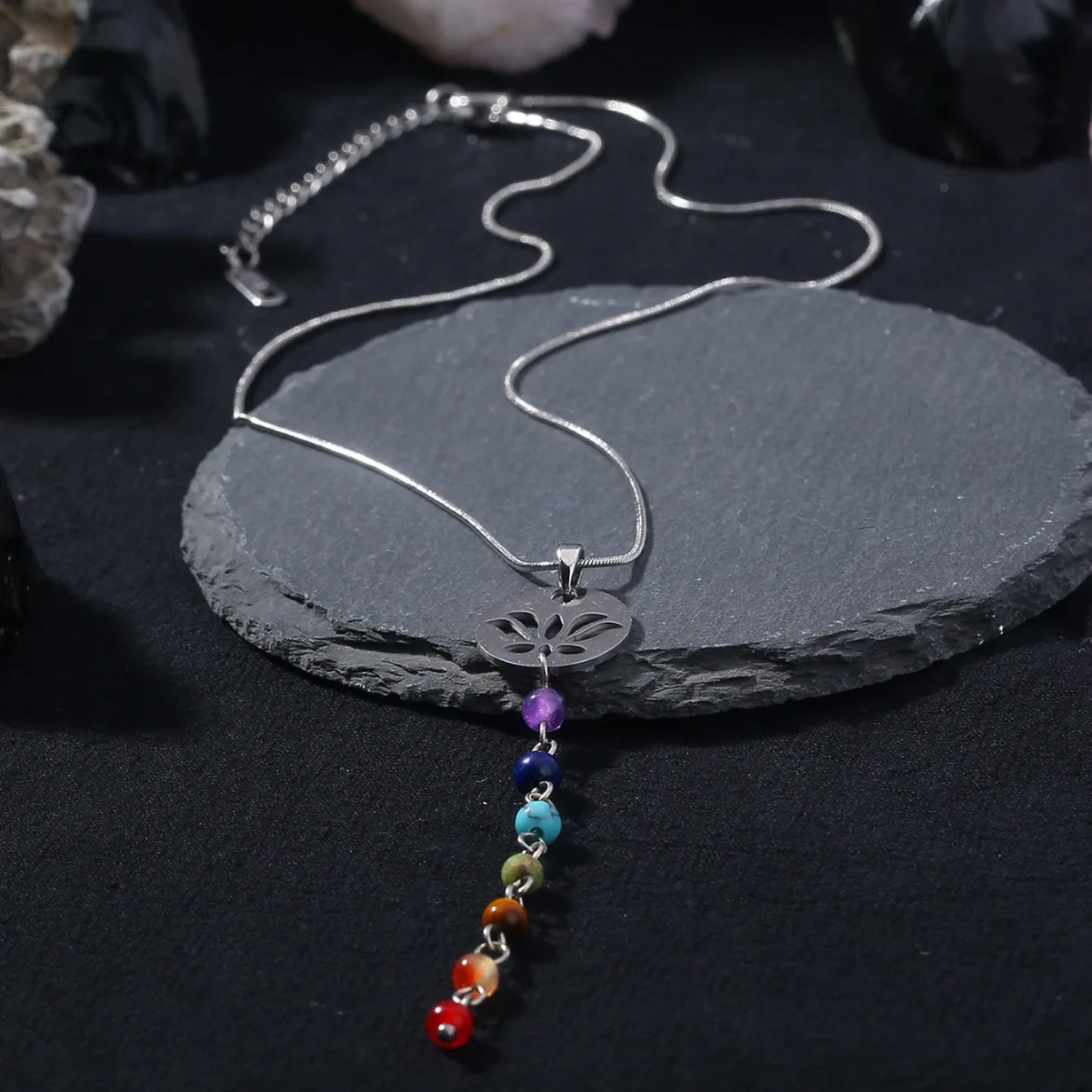 7 Chakra Reiki Bead Pendant Necklace Healing Balance Natural Stone Stainless Steel Lotus Yoga Energy Jewelry