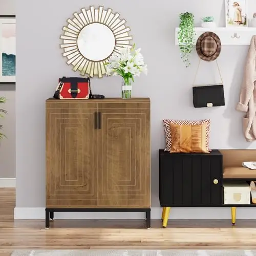 문이 있는 20켤레 신발장, 5단 수납 정리함(연한 갈색)