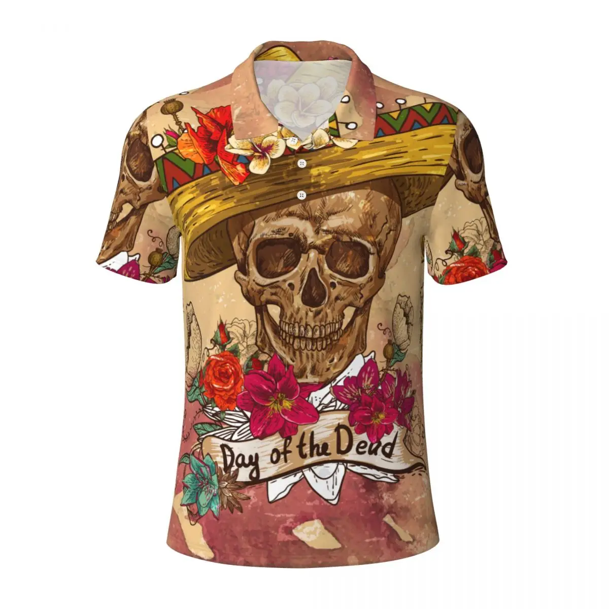 Skull In Sombrero Day Of The Dead Men's polo shirt collar T-shirt short sleeve casual street shirt