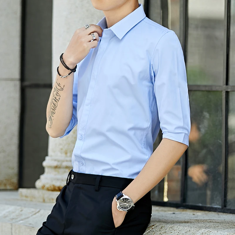 

Men's Casual Slim Fit Short Sleeve Shirt Half Sleeve Fashionable Summer Thin Style Commute White Casual Shirt Korean Version