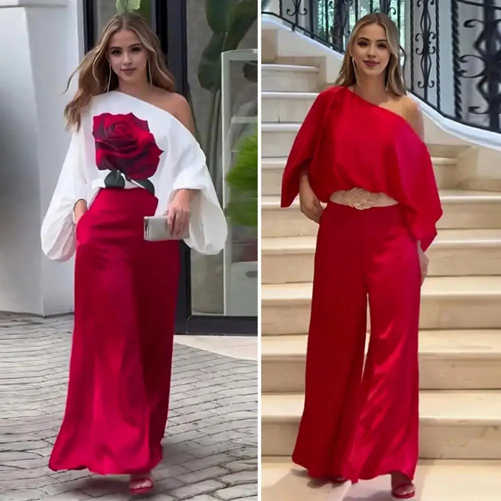Women Commuter Suit Elegant 3d Rose Print Women's Top Pants Set with One Shoulder Design Bat Sleeve Blouse High Waist for Ol