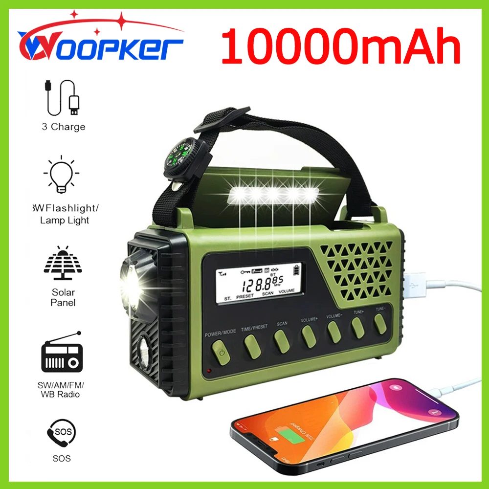 Woopker راديو SY-1199 10000mAh متعدد الوظائف FM راديو الطوارئ الطاقة الشمسية AM/FM/SW المحمولة راديو بلوتوث قوة البنك