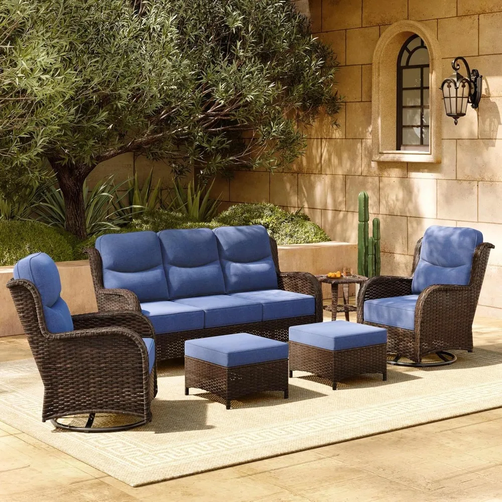 High Back Outdoor Furniture, 6-inch Thick Cushion Swivel Rocking Patio Chairs and 3-Seat Sofa, Garden Furniture Sets