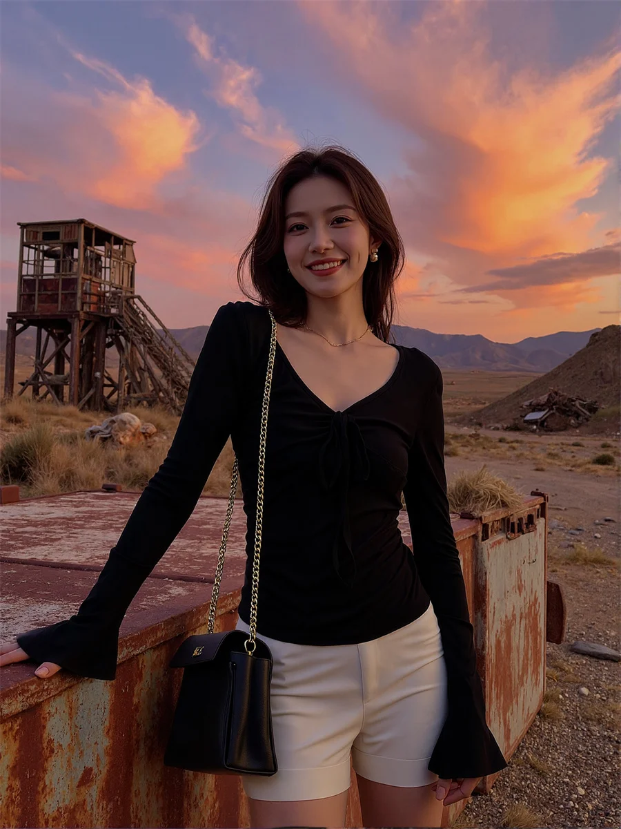 Langarm-T-Shirts für Damen, Baumwolle, V-Ausschnitt, Kordelzug, schmal, elegant, Damenbekleidung, 2022, Trend, Sommer, Reisen, Design, Mode, OL