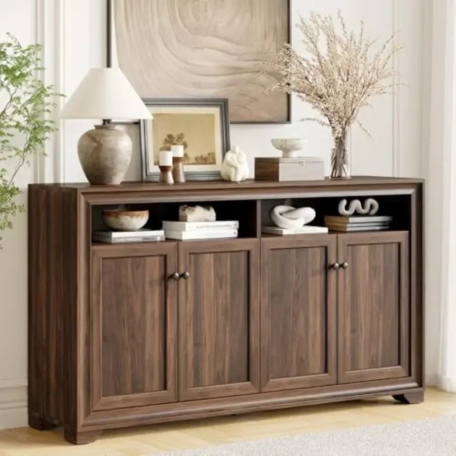 60 Inch Sideboard Buffet Cabinet for Dining Room, Solid Wood, Matte Black, Ample Storage with 4 Soft-Close Doors
