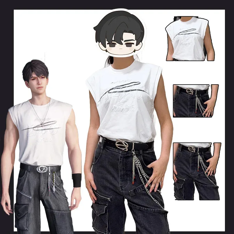 

Love and Deepspace Xia Yizhi Caleb Wind Rider Cosplay Set Sleeveless Top Belted Pants Chains Summer Anime Con Halloween Costume