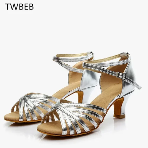 Zapatos de baile de Salsa para mujer, zapatos de baile latino para niñas, tacones de PU dorados y plateados, zapatos de baile suaves de 5/7cm, zapatos de rendimiento para mujer