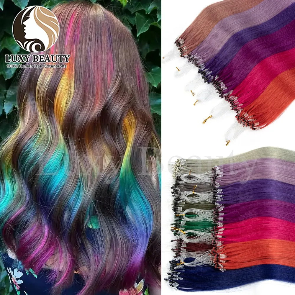 

Colored Micro Loop Human Hair Extensions Micro Loop Fishing Line Hair Extensions Pink Blue Purple Micro Bead Straight Human Hair