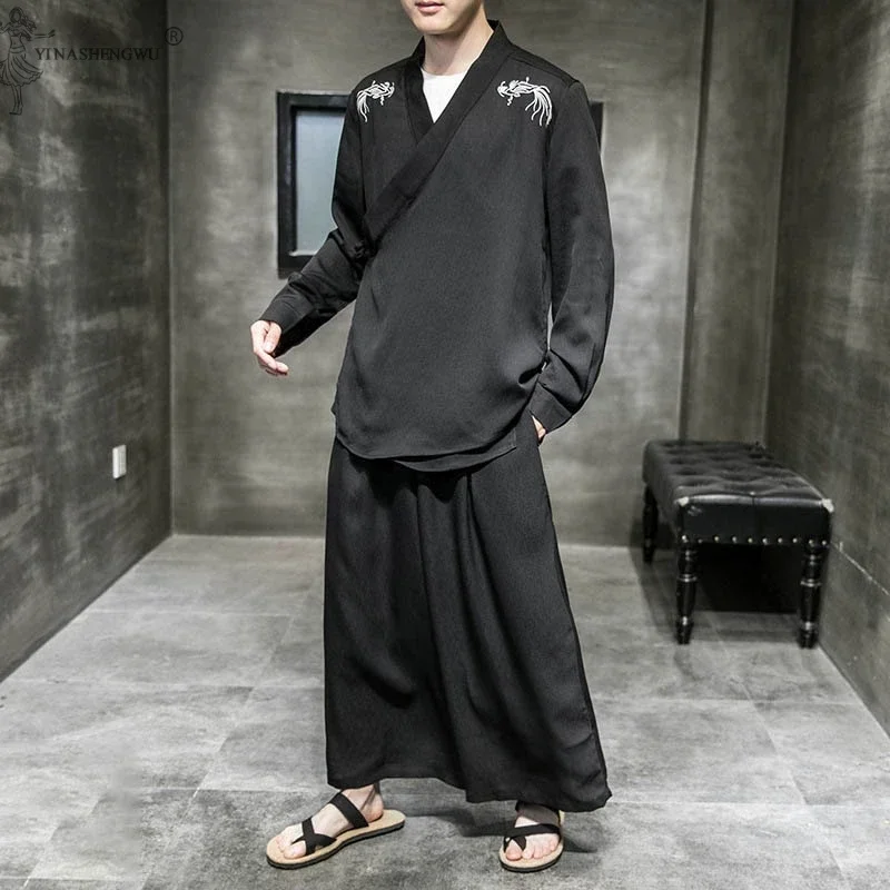 Kimono Japanese Traditional Pants Tops Sets Men Asian Clothing Bath T-shirt Shorts Male Japan Style Embroidered Yukata Trousers