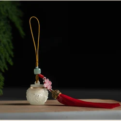 Natural Sandalwood Carved Retro Hollow Sachet Box Luminous Stone Keychain Crystal Jade Bead Tassel Chinese Knot Ethnic Gifts