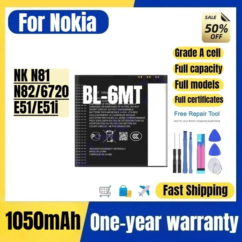 BL-6MT for Nokia NK N81/N82/6720/E51/E51i  Phone Battery High Quality High Capacity Replacement Bateria Grade A Cell with Tools