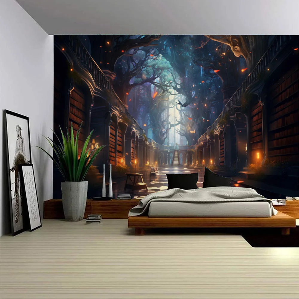

Psychedelic library tapestry wall hanging fantasy fairy tale starry sky background poster home dormitory classroom decoration