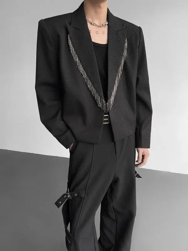 

Men's Faion ort Metal Fringe oulder Pad Suit Jaet Autumn Winter Trendy High Waist Design Stand Fit Polyester Fiber