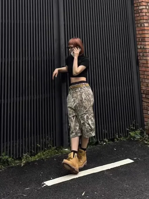 レトロアメリカンストリートウェア原宿プリント枝柄迷彩ルーズストレートカジュアルパンツ七分丈ズボン