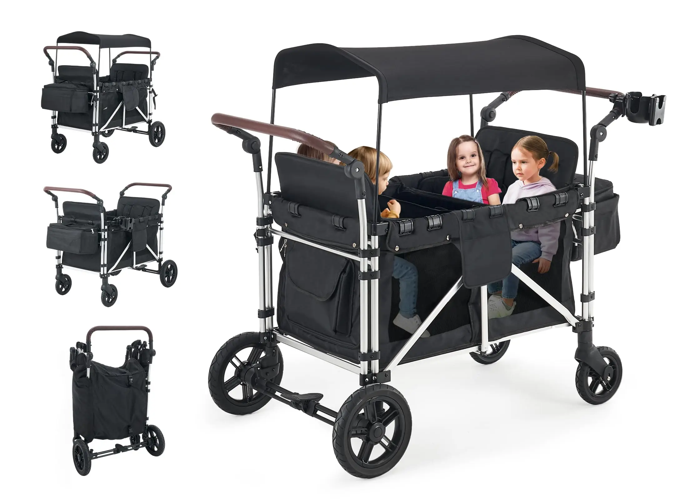 Stroller Wagon for 4 Kids Foldable Double Push Bar Wagon Cart Featuring 4 High Seat with 5-Point Harnesses and Adjustable Canopy