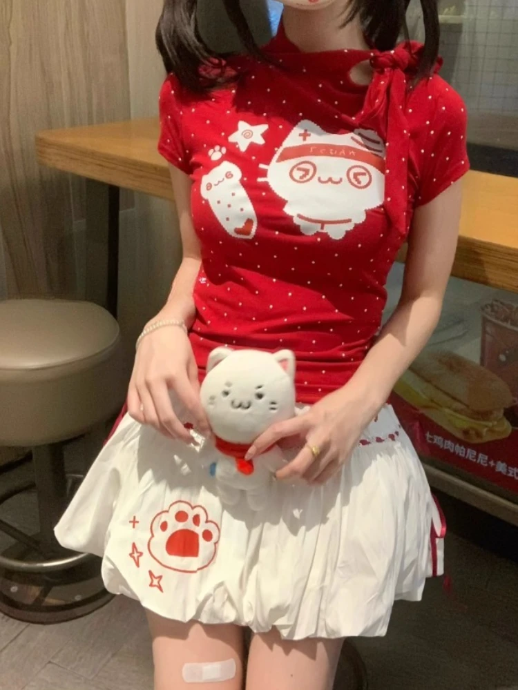 

Милые футболки Y2k, женская одежда, туника с короткими рукавами и бантом в горошек, милые летние футболки Camisetas, модная футболка с героями мультфильмов