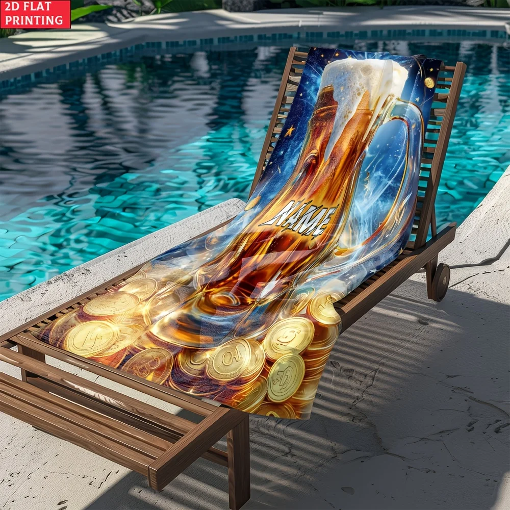 Custom Beer Mug Beach Towel Personalized Name Golden Coins Microfiber Bath Towels Soft Quick Dry Pool Lounger All Season