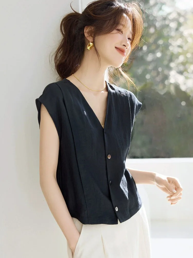 

Летний универсальный свободный цветной топ Svel irt Ele с одной пуговицей и V-образным вырезом, дышащий обычный женский топ све...