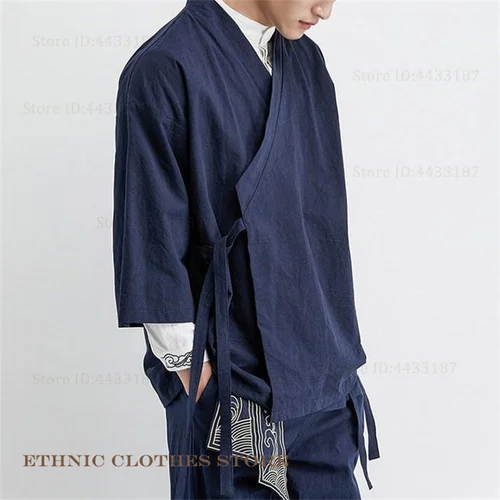 Imagen 2 del producto Cárdigan tipo kimono de talla grande para hombre, chaqueta de algodón y lino japonés Yukata Haori, abrigo Hanfu holgado con frente abierto, disfraz de samurái, ropa de calle