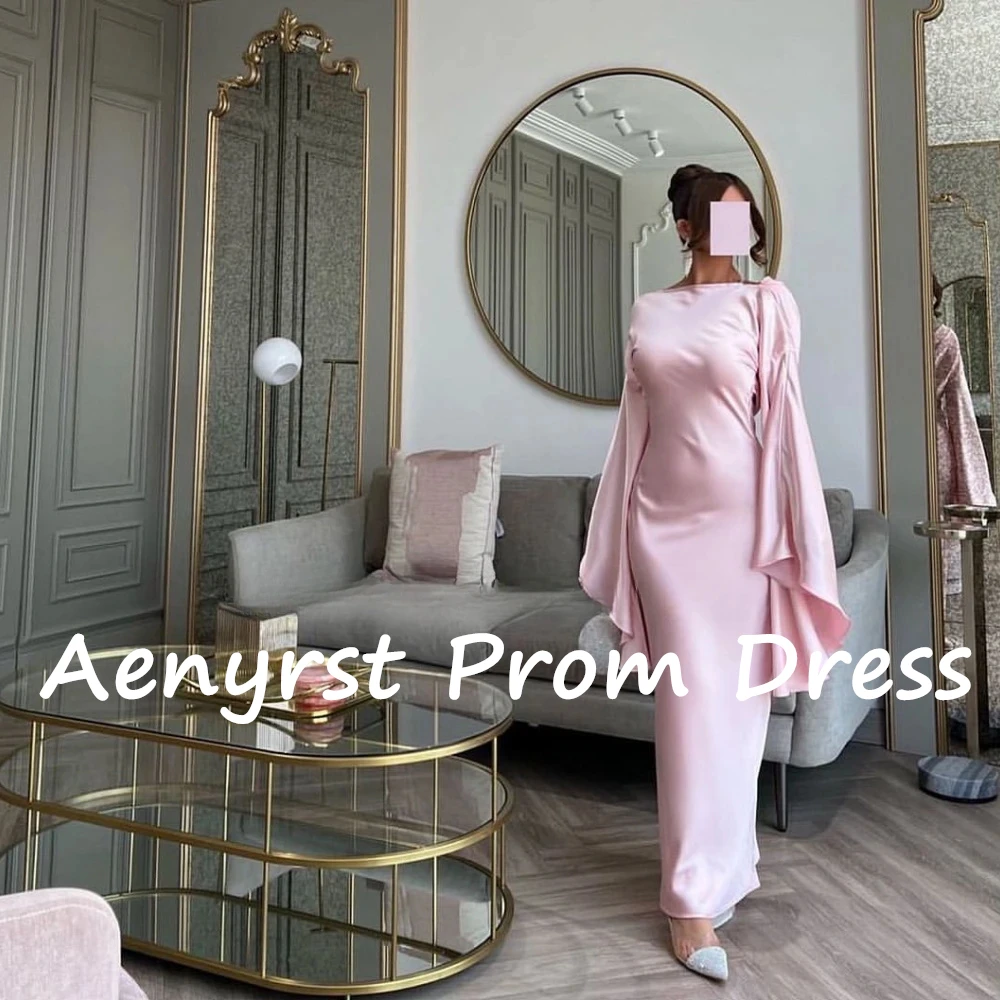 Aenyrst Simple Long Flared Sleeves Saudi Arabia Evening Dresses Mermaid Satin Bodycon Prom Dress Ankle Length Formal Party Gowns