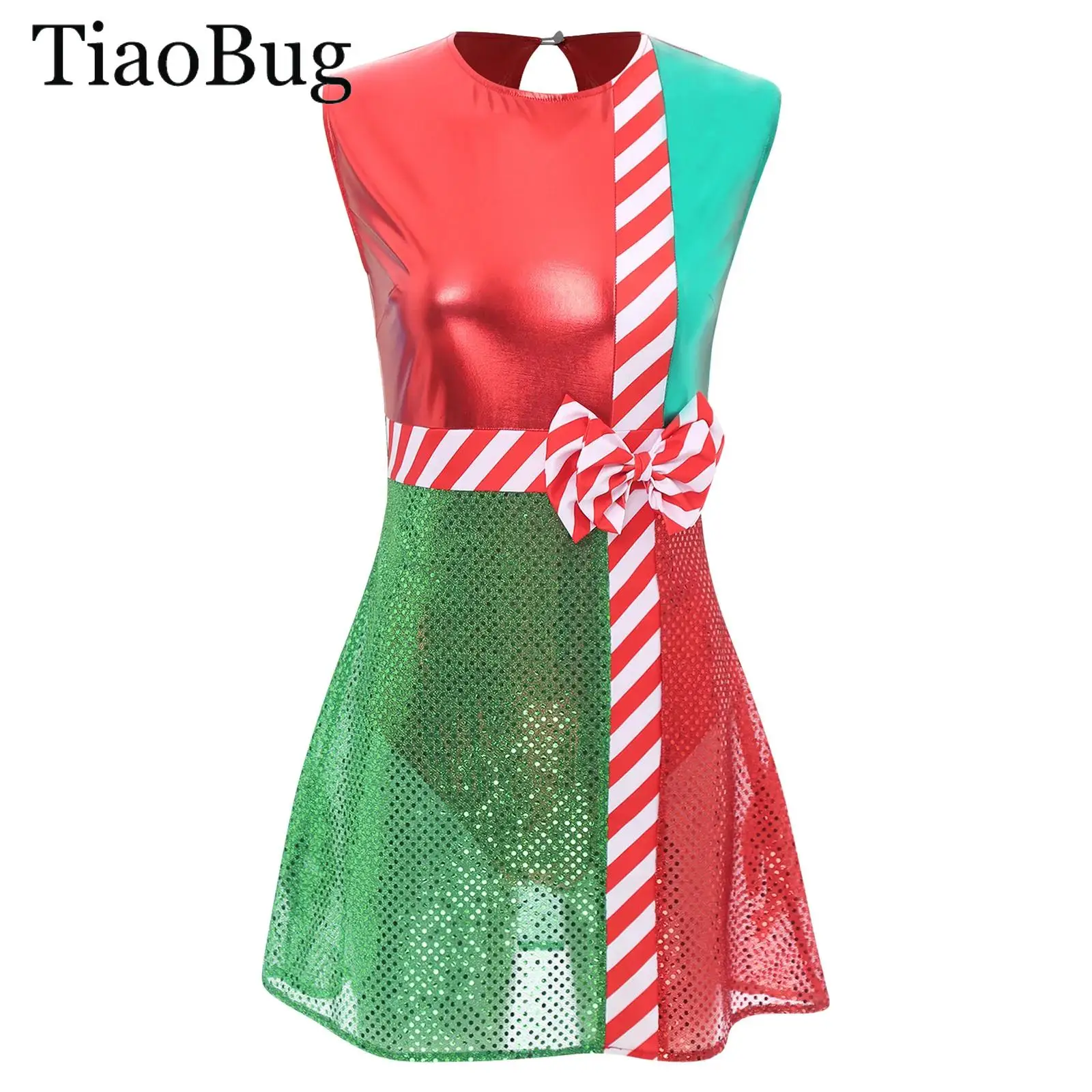 

Women Christmas Dance Dress Sleeveless Metallic Shiny Sequins Mrs Santa Costumes Cosplay Elf New Year Party Leotard Tutu Dresses