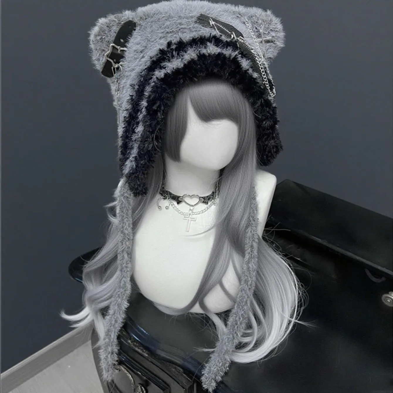 Cute Dark Bear Beanie Cross Star Decoration Zipper Knit Hat Unisex Accessory
