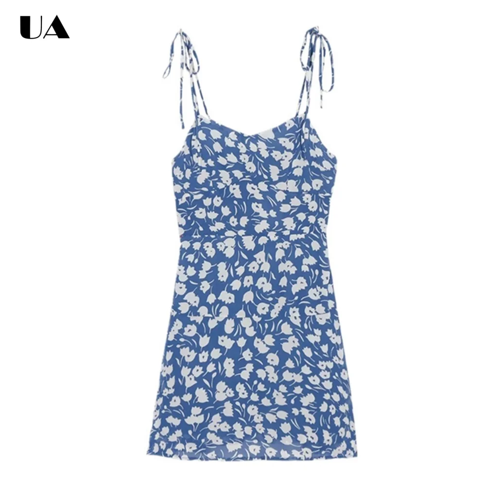 

Fashionable Printed A-line V-neck Mini Dress with Spaghetti Straps, Trendy Backless Long Dress, Vacation Style Sleeveless Dress