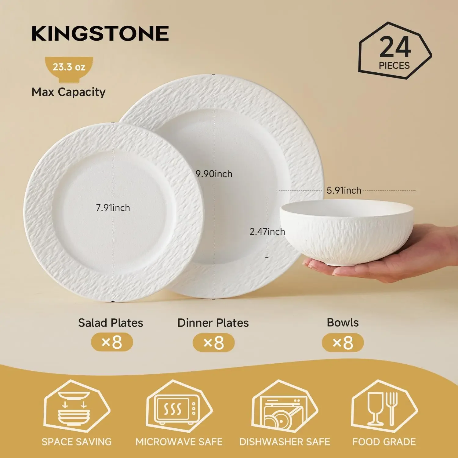Dinnerware Sets for 8, 24-Piece plates and bowls sets, Matte Marble | Premium Porcelain dishes set for 8, Dishwasher & Microwave