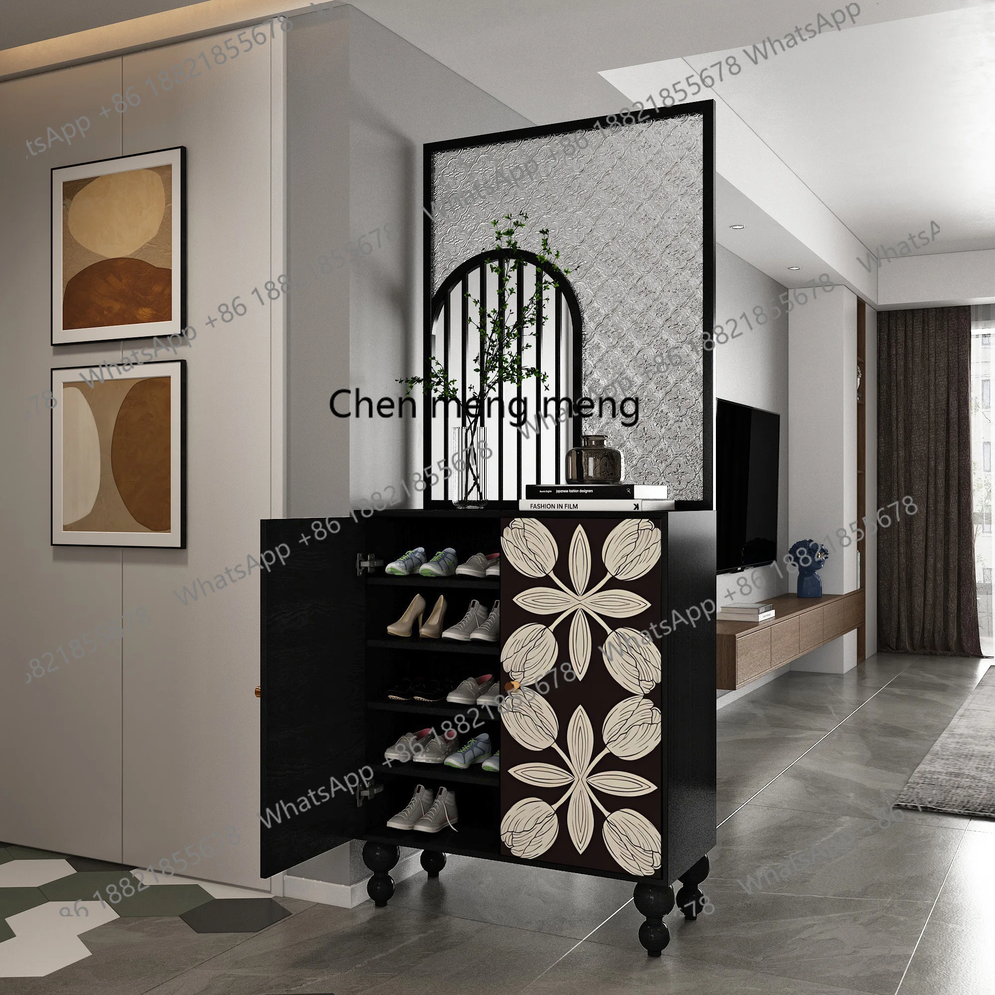 French retro home entrance cabinet, screen partition, storage cabinet multi-functional integrated solid wood glass customization