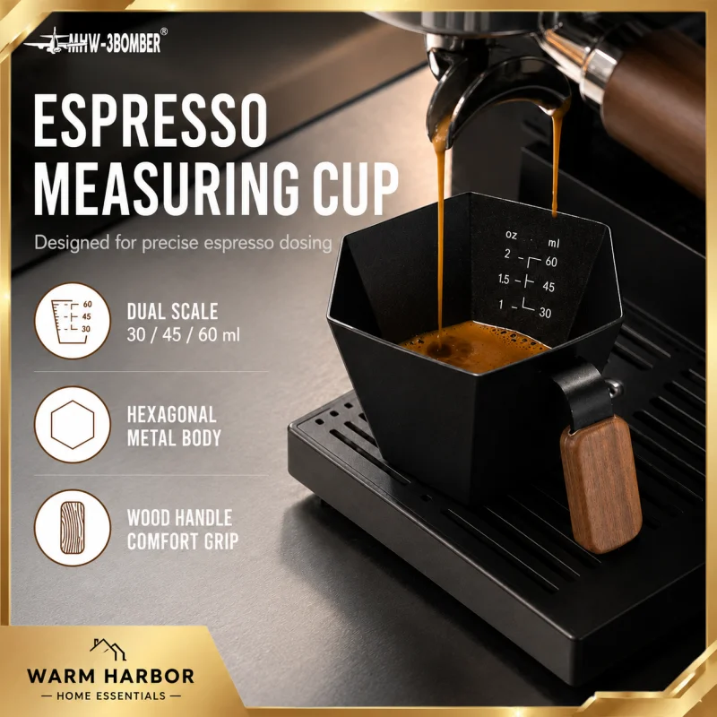 Mhw-3bomber Hexagonal Espresso Measuring Cup Dual Scale Coffee Bean Dosing Cup Metal Powder Receiver With Wooden Handle Barista
