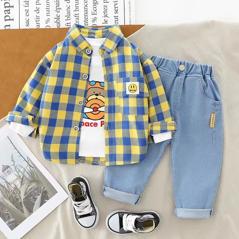 

Boys Cartoon Spring Autumn Clothing New Cute Long Sleeve Plaid Shirts Coat+Cotton Top+Jeans Baby Girls 3pcs Infant Toddler Set
