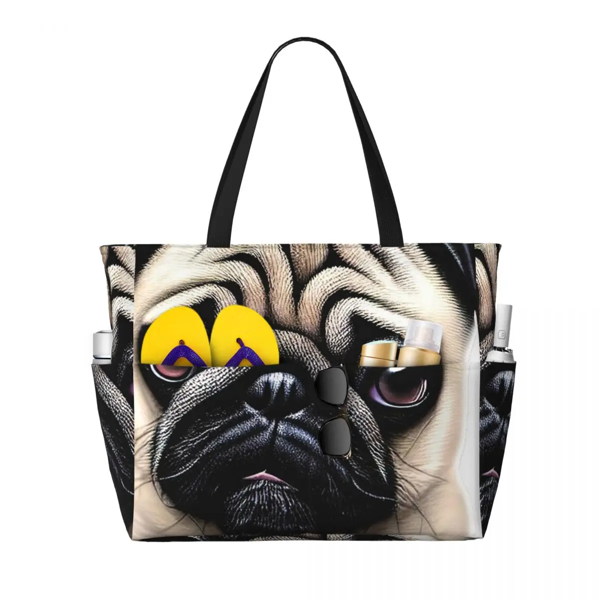

Lovely Puppy Cute Pug Dog Beach Tote Bag Sport Gym Yoga Duffle Large Tote Bag Women Travel Bag Fitness bag