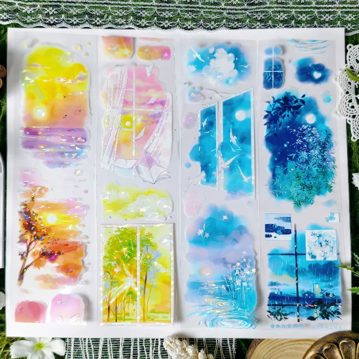 PET Shell Light Dusk Forest Sky Sunset Tape Red Purple Blue Washi Sticker for Journal Scrapbooking DIY Craft