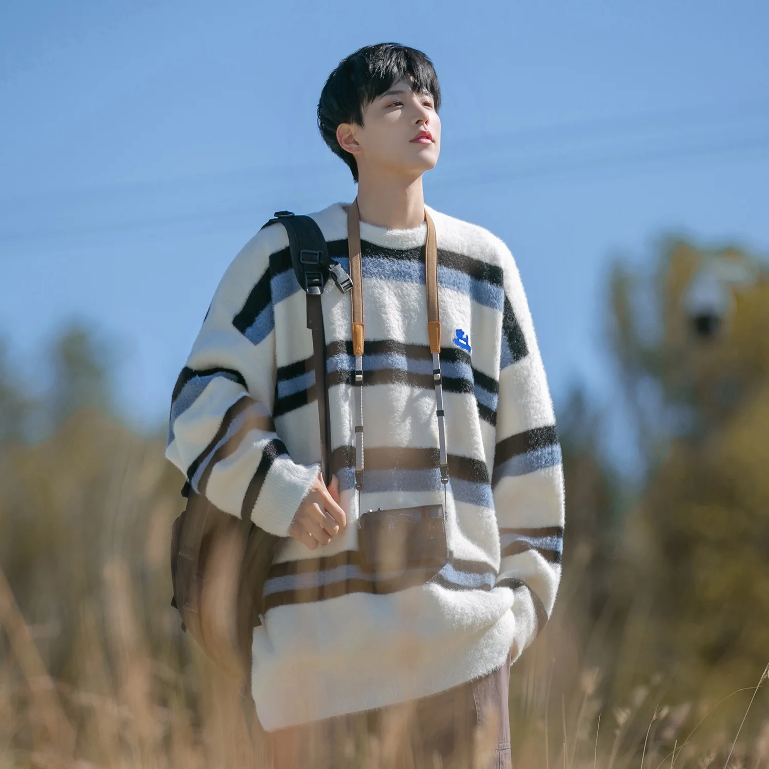 

Comfortable Striped Men's Knitwear Spring Autumn Loose Trendy Brand Woolen Sweater Jaet Casual round Ne Long Sve