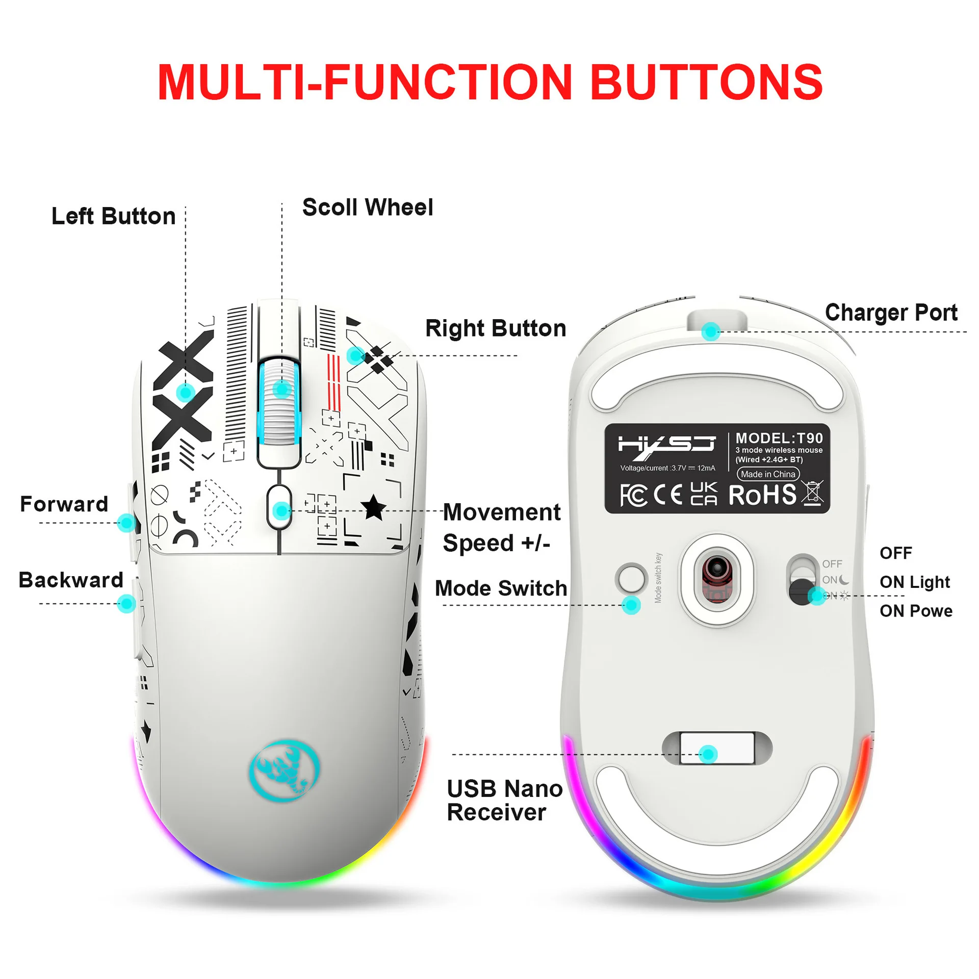 Mouse pc wireless white rechargeable silent 2.4G/wired/bluetooth water transfer charging game laptop myszka עכבר גיימינג мышь