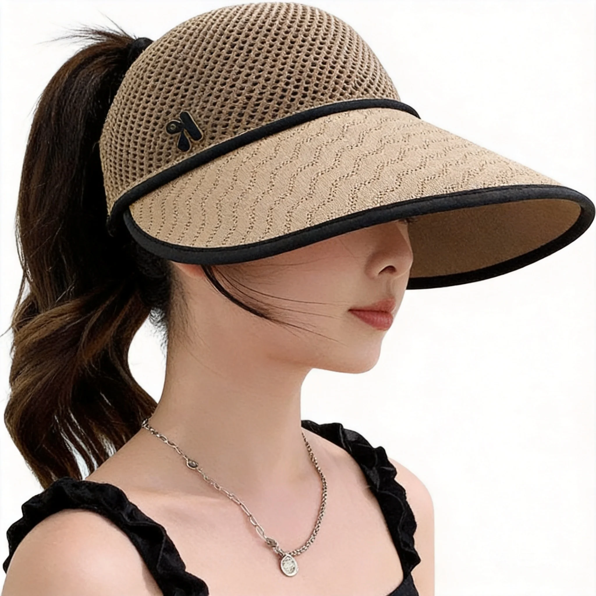 Summer Uv Protection Sun Hat 100 Percent Cotton Knitted Empty Top Ponytail Friendly Wide Brim Rollable Portable Outdoor Beach